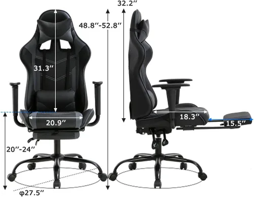 Vista 3 de Silla ergonómica para juegos para adultos, silla de escritorio ajustable con respaldo alto y soporte lumbar y reposapiés, silla de oficina de cuero