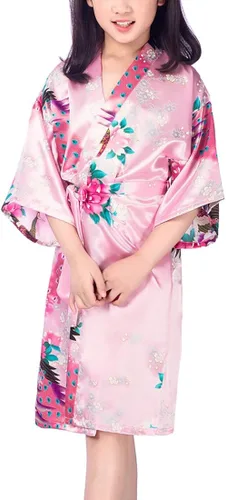 Vista 5 de Kimono Wonderfit satinado con tocado de pavo real y flores para niñas para spa cumpleaños boda