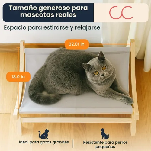Vista 5 de CallieCo Hamaca de madera para gatos, moderna tumbona elevada para mascotas con marco de madera de primera calidad y tela transpirable, elegante