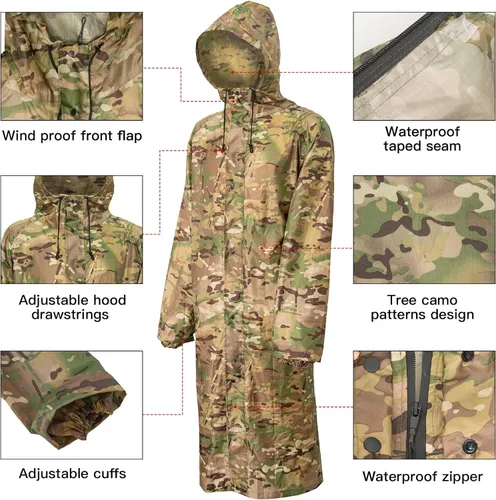 Vista 2 de LOOGU Chaqueta de lluvia con capucha, impermeable largo y ligero, poncho de lluvia de camuflaje impermeable para hombres