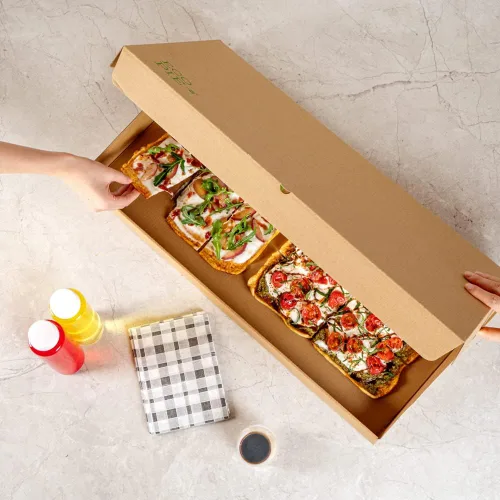 Vista 45 de Restaurantware - Cajas para pizza, 50 unidades, 14 x 7 x 1.5 pulgadas, embalaje de papel de cartón corrugado con bloqueo de pestañas, resistente a