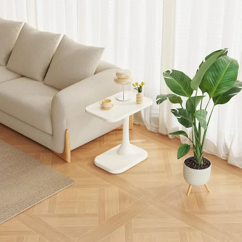 Vista 16 de Guyii Mesa auxiliar blanca pequeña para sofá, mesa curvada para sala de estar, dormitorio