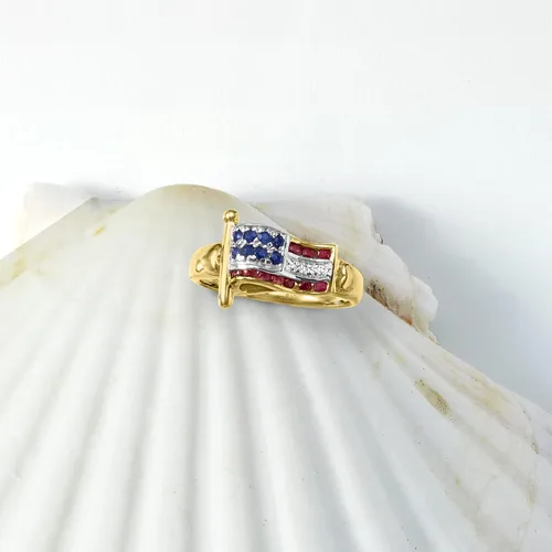 Vista 6 de Ross-Simons 020 ct tw Ruby and 10 ct tw Sapphire American Flag Ring With Diamond Accents in 18kt Gold Over Sterling