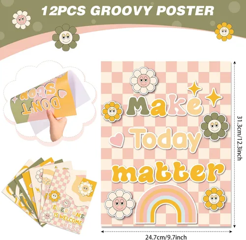 Vista 2 de Nezyo 12 pósteres retro Groovy para aula, diseño de flores hippie bohemias, decoración de tablón de anuncios, póster educativo para guardería