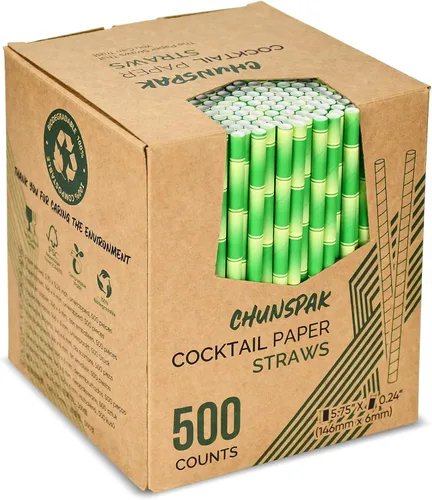 Vista 11 de 14,6 cm x 0,79 cm Pajitas de papel desechables de bambú verde para bebidas cortas, cócteles mezclados, margaritas, licuados y batidos - Sin embalar