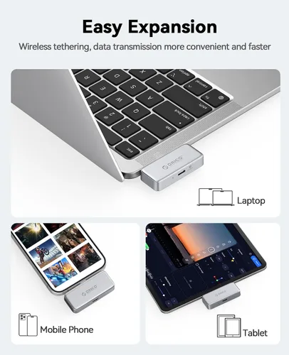 Vista 11 de ORICO FlashPod 64GB SSD portátil de aleación de aluminio con carga rápida PD de 100W, diseño de conexión directa, unidad de estado sólido externa