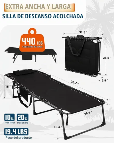 Vista 2 de KingCamp Silla de salón de gran tamaño 440 libras, silla de bronceado acolchada, color negro