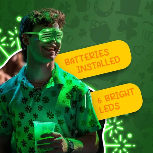 Vista 3 de Windy City Novelties Gafas LED verdes ranuradas, 3 modos de luz dinámica, fiesta iluminada para el día de San Patricio, EDM, colores del