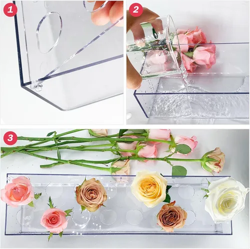 Vista 5 de Paquete de 2 jarrones rectangulares de acrílico transparente, 15.7 pulgadas de largo, centro de mesa floral con agujeros para mesa de comedor