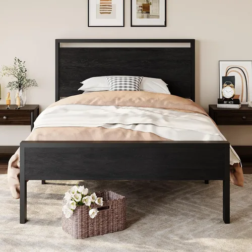 Vista 8 de SHA CERLIN Base de cama de plataforma metálica de tamaño individual de 14 pulgadas con cabecera y estribo de madera, base de colchón, no necesita