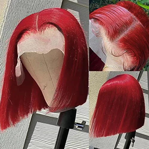 Vista 40 de Pelucas de cabello humano lacio marrón rojizo de 8 pulgadas, #33 13x4 HD, transparente, color marrón rojizo, peluca frontal de encaje frontal