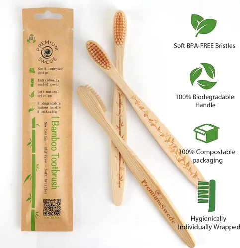 Vista 6 de Cepillos de dientes de bambú cerdas suaves para adultos, paquete de 8 cepillos de dientes de bambú ecológicos envueltos individualmente, cepillo