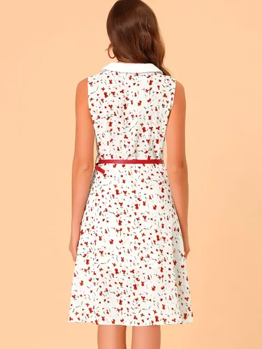 Vista 3 de Allegra K Vestido floral sin mangas con cuello para mujer, vestido retro de media solapa, con cinturón, M