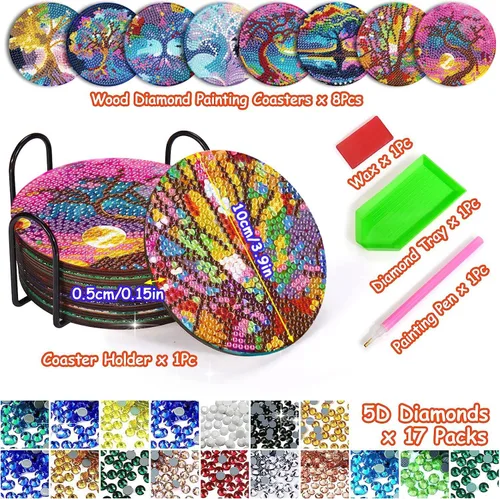Vista 2 de Juego de 8 posavasos de pintura de diamantes, posavasos de pintura de diamante 5D, posavasos de arte de diamante con soporte, posavasos