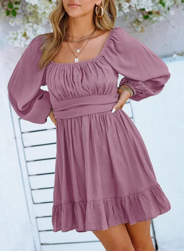 Vista 4 de Dokotoo Vestido largo para mujer, manga farol, cuello cuadrado, lazo sin espalda, vestido sexy con volantes, cintura elástica, acampanado, mini