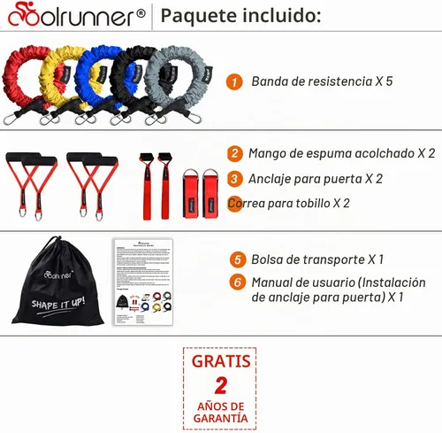 Vista 2 de Coolrunner Juego de 14 bandas de resistencia, tubos de ejercicio, bandas de entrenamiento de 20 libras a 40 libras con asas, fundas protectoras