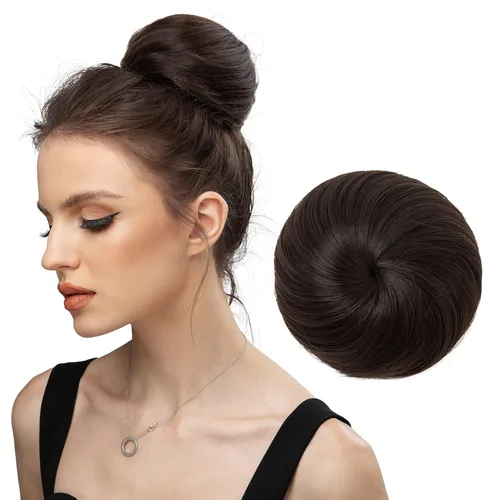 Vista 15 de SARLA Extensiones de moño de pelo falso para mujer, sintético, recogido, con cordón, moño de ballet, piezas de cabello color castaño medio Castaño