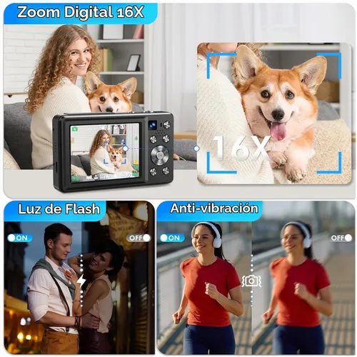 Vista 5 de Cámara digital 4K, cámara de videoblogs de 64 megapíxeles con enfoque automático y lente dual, zoom digital 16X, cámara compacta de YouTube