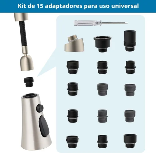 Vista 2 de Universal Kitchen Faucet Head, 3 Modes, 15 Adapters Kit, Brushed Nickel Níquel cepillado