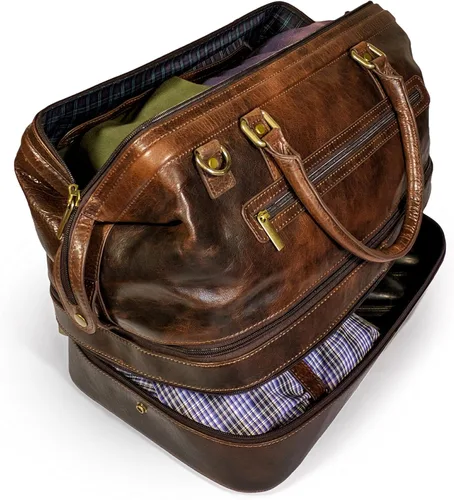 Vista 5 de Bolsa de viaje de cuero con compartimento para zapatos, Marrón