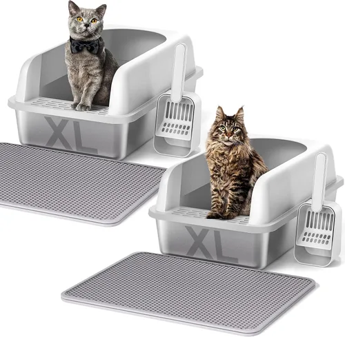 Vista 12 de Henkelion Caja de arena para gatos de acero inoxidable con tapa, caja de arena extra grande para gatos grandes con lados altos, antiadherente