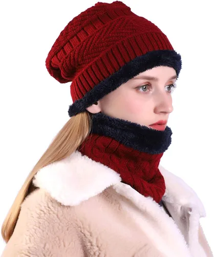 Vista 3 de MUCO Conjunto de gorros de invierno para hombre y mujer gorro de punto cálido forro polar grueso calentador de cuello para hombres y mujeres Muco