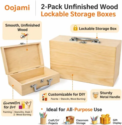 Vista 2 de Oojami Paquete de 2 cajas de almacenamiento de madera sin terminar con asa Ideal para almacenamiento Decora y personaliza
