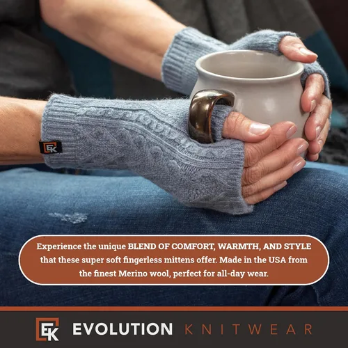 Vista 7 de Evolution Knitwear Guantes de lana de punto trenzado sin dedos, lana merino súper suave, fabricados en los Estados Unidos, talla S