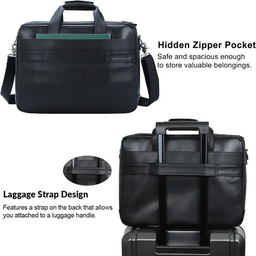 Vista 3 de TIDING Maletín de cuero de grano completo para hombres 17 pulgadas portátil caso negocios viaje oficina mensajero bolsa de hombro
