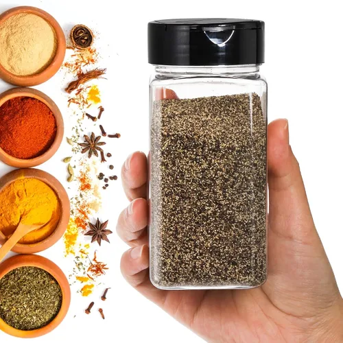 Vista 5 de Bekith Paquete de 16 tarros de plástico para especias de 9 onzas con tapa negra, botellas de plástico para especias vacíos para almacenar especias