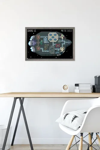 Vista 6 de Among Us - Póster de pared Skeld Map, 22.4 pulgadas de largo x 14.7 pulgadas de ancho, versión enmarcada de madera de granero