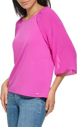Vista 2 de Calvin Klein Blusa de manga tipo farol para mujer, holgada, ajustada, mate, con manga tipo farol