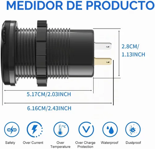 Vista 5 de Toma de corriente USB de 78 W 12 V con 4 puertos para cargador de automóvil, doble PD USB C y cargador de aluminio de doble puerto de carga rápida