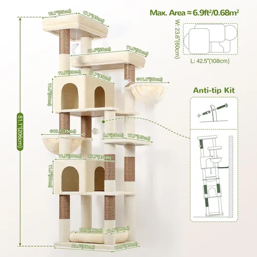 Vista 6 de Globlazer Árbol para gatos resistente, árbol para gatos extra grande de 81 pulgadas para gatos de interior y adultos, torre resistente para gatos