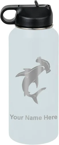 Vista 13 de LaserGram Botella de agua personalizada, tiburón martillo, acero inoxidable de doble pared aislada al vacío con popote superior, regalo grabado
