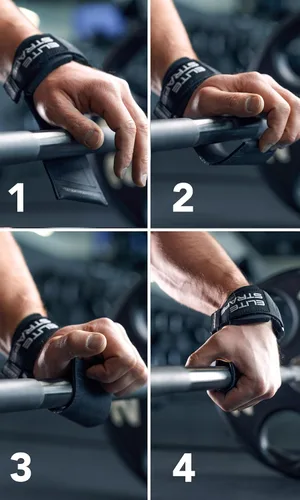 Vista 2 de Fitgriff® Elite Straps - Correas de muñeca para levantamiento (agarres de goma) para pesas, gimnasio, entrenamiento, peso muerto - Revolución