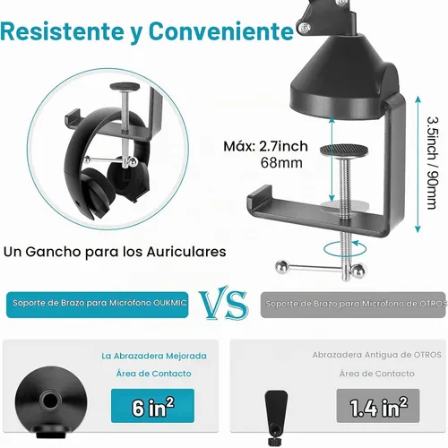 Vista 3 de Brazo de brazo, brazo de micrófono ajustable con 2 clips y filtro pop, escritorio con soporte de micrófono con adaptador de 3/8 a 5/8 pulgadas
