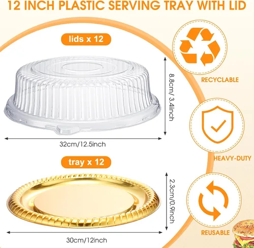 Vista 2 de Nitial 12 Piezas Bandejas de Servicio Resistentes con Tapa Transparente, Bandejas Redondas Elegantes Doradas para Catering Desechables Platos