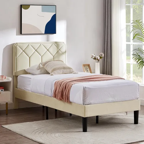 Vista 5 de VECELO Marco de Cama Tamaño Twin con Plataforma Tapizada de Terciopelo Premium con Cabecera Ajustable en Altura/Base de Colchón, Soporte de Listones