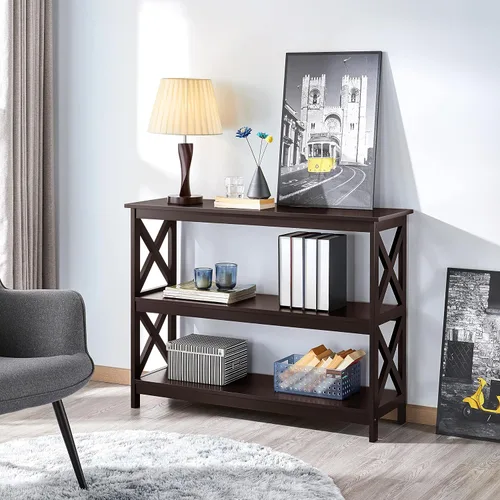 Vista 4 de Topeakmart Consola de 3 niveles y mesa de sofá con almacenamiento, mesa de entrada larga estrecha para espacios pequeños, estantería