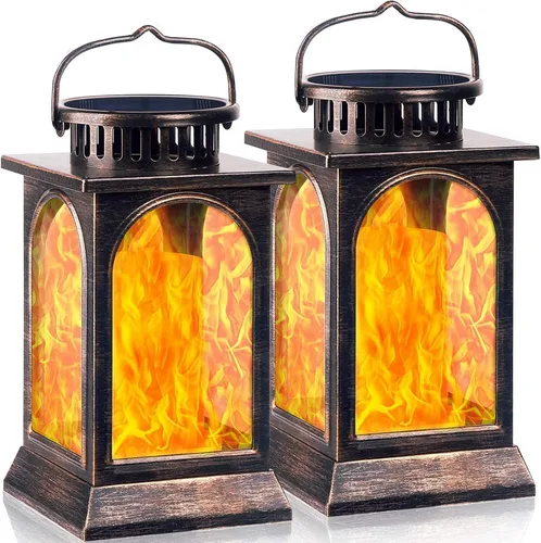 Vista 12 de TomCare Luces solares de metal con llama parpadeante para exteriores, faroles colgantes para exteriores, iluminación decorativa, funciona