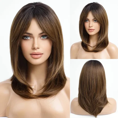 Vista 11 de HAIRCUBE Pelucas largas de color marrón oscuro con reflejos para mujer, peluca de pelo sintético rizado ondulado para uso diario