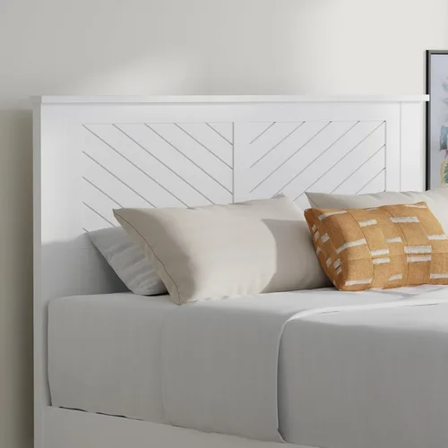 Vista 24 de ComfIQ Serene - Cabecera de madera de álamo tamaño completo en negro, panel de granja moderno con ranurado en chevron, estilo costero casual, fácil