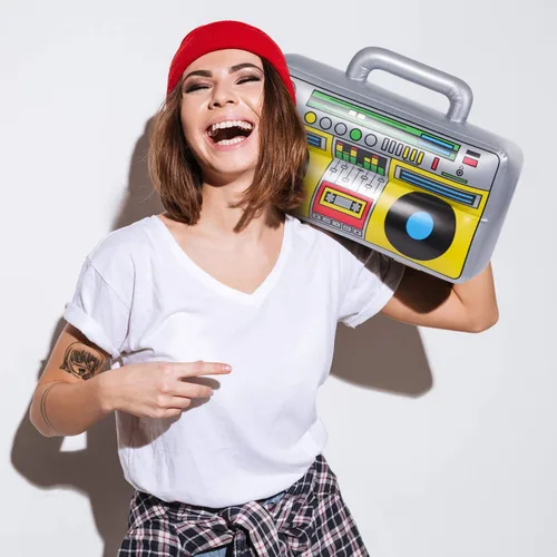 Vista 5 de 6 piezas inflables Boombox – Suministros de fiesta de los años 80 y 90 decoraciones inflables Boom – raperos Hip Hop B-niños accesorios de disfraz