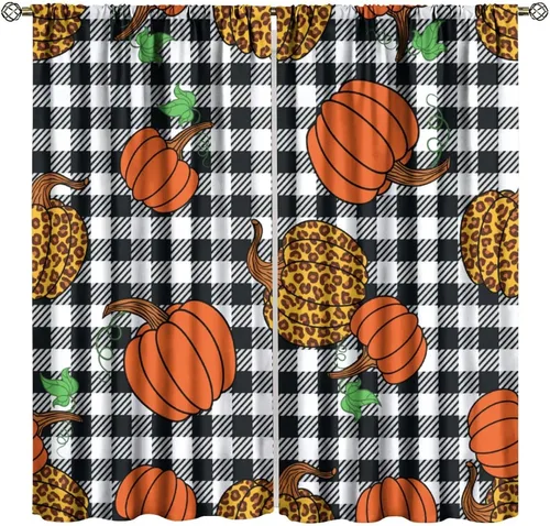 Vista 16 de Cortinas de calabaza enana de otoño, decoración del hogar de Acción de Gracias en otoño, patrón de hojas de arce y girasol, 42 pulgadas de ancho x