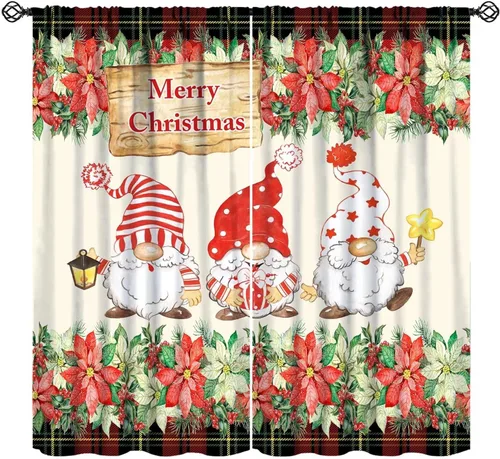 Vista 11 de Cortinas de Navidad de gnomo, bolas de árbol de Navidad, luces, regalos, decoración de tablones para sala de estar, dormitorio, bolsillo para barra