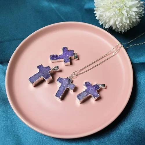 Vista 6 de Collar con colgante de piedra de cristal curativo, collares de cruz de plata, reiki, sin pulir, joyería de cuarzo crudo para mujer, 1 unidad