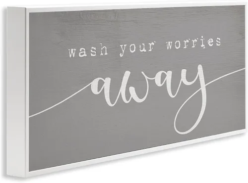 Vista 2 de Stupell Industries Lava tus preocupaciones Frase Relajación en el baño, diseñado por Daphne Polselli - Arte de pared enmarcado en blanco, 10 x 24