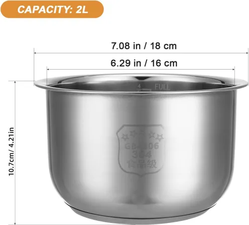Vista 4 de Olla de repuesto para arrocera de acero inoxidable con escala de 7.08 x 7.08 x 4.21 pulgadas, recipiente interior de cocina para sopa de arroz