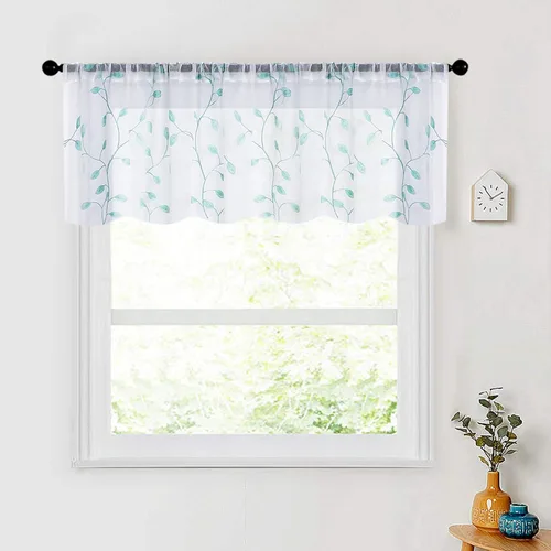 Vista 14 de MRTREES Cenefa de cortina transparente de Navidad, 2 paneles de cortinas bordadas con hojas pequeñas de 54 x 16 pulgadas, bolsillo para barra